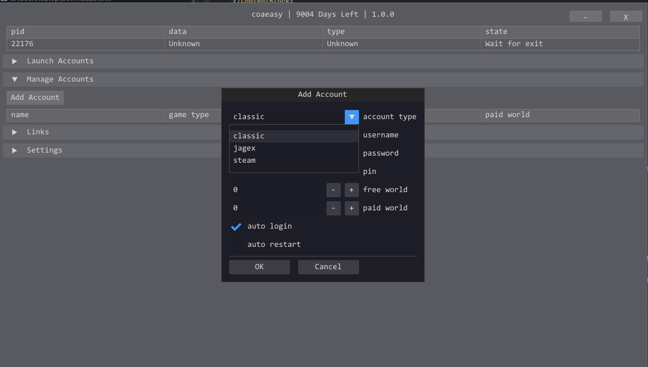 Adding an account in the loader